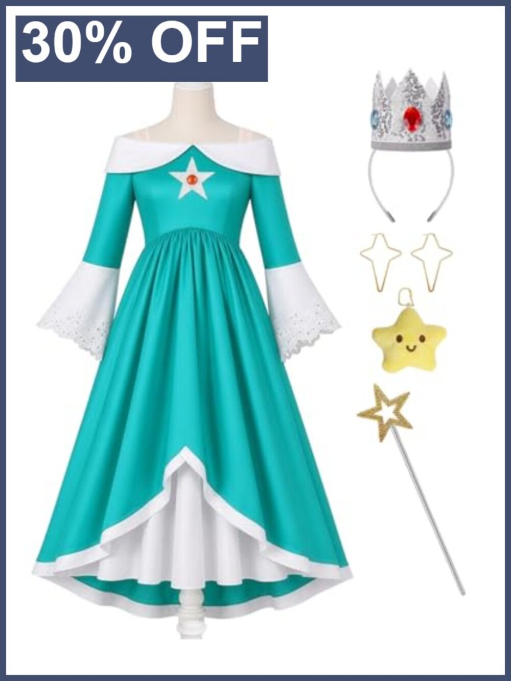 Girls Princess Costume Set Dress Crown Wand Earrings Plush Halloween